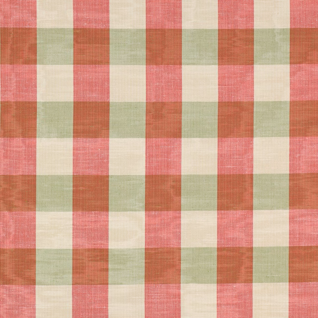 Large woven check fabric in rose red, soft green and cream with a lightly textured surface