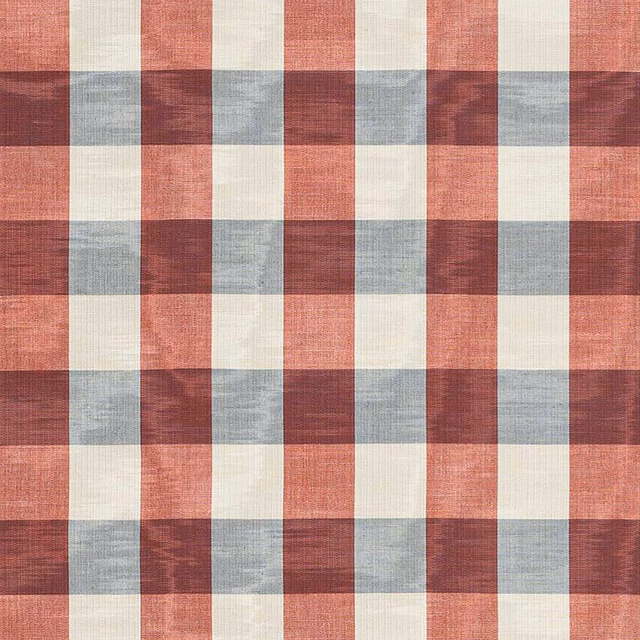 Red, navy and cream checked fabric with a softly textured weave