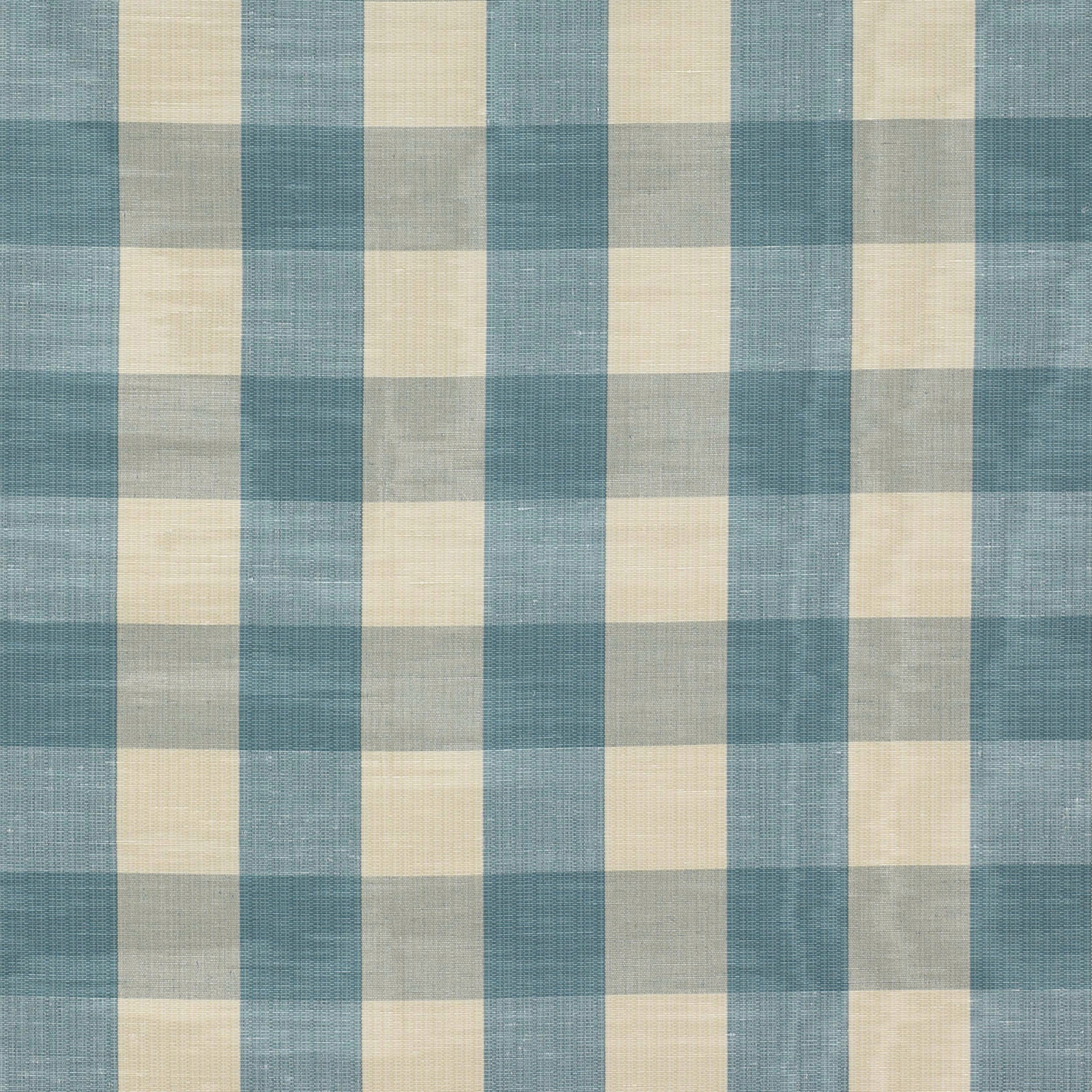 Blue-green and cream woven check fabric swatch with fine textured stripes