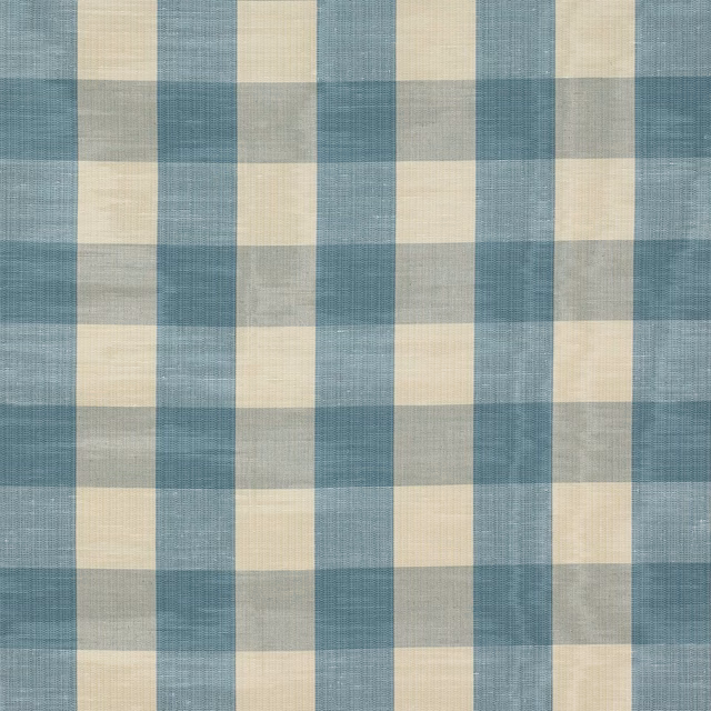 Blue-green and cream woven check fabric swatch with fine textured stripes