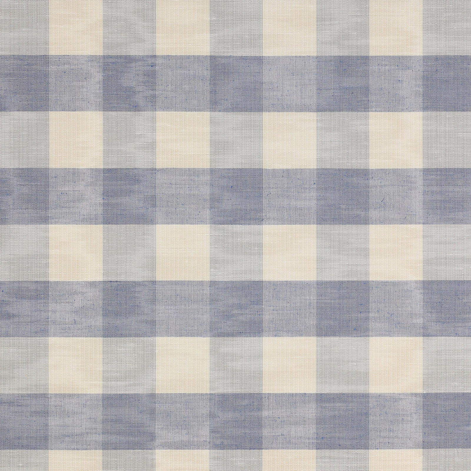 Large vintage blue and ivory checked fabric swatch with a soft woven texture