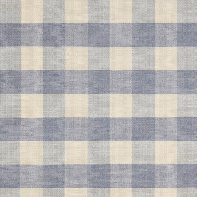 Large vintage blue and ivory checked fabric swatch with a soft woven texture