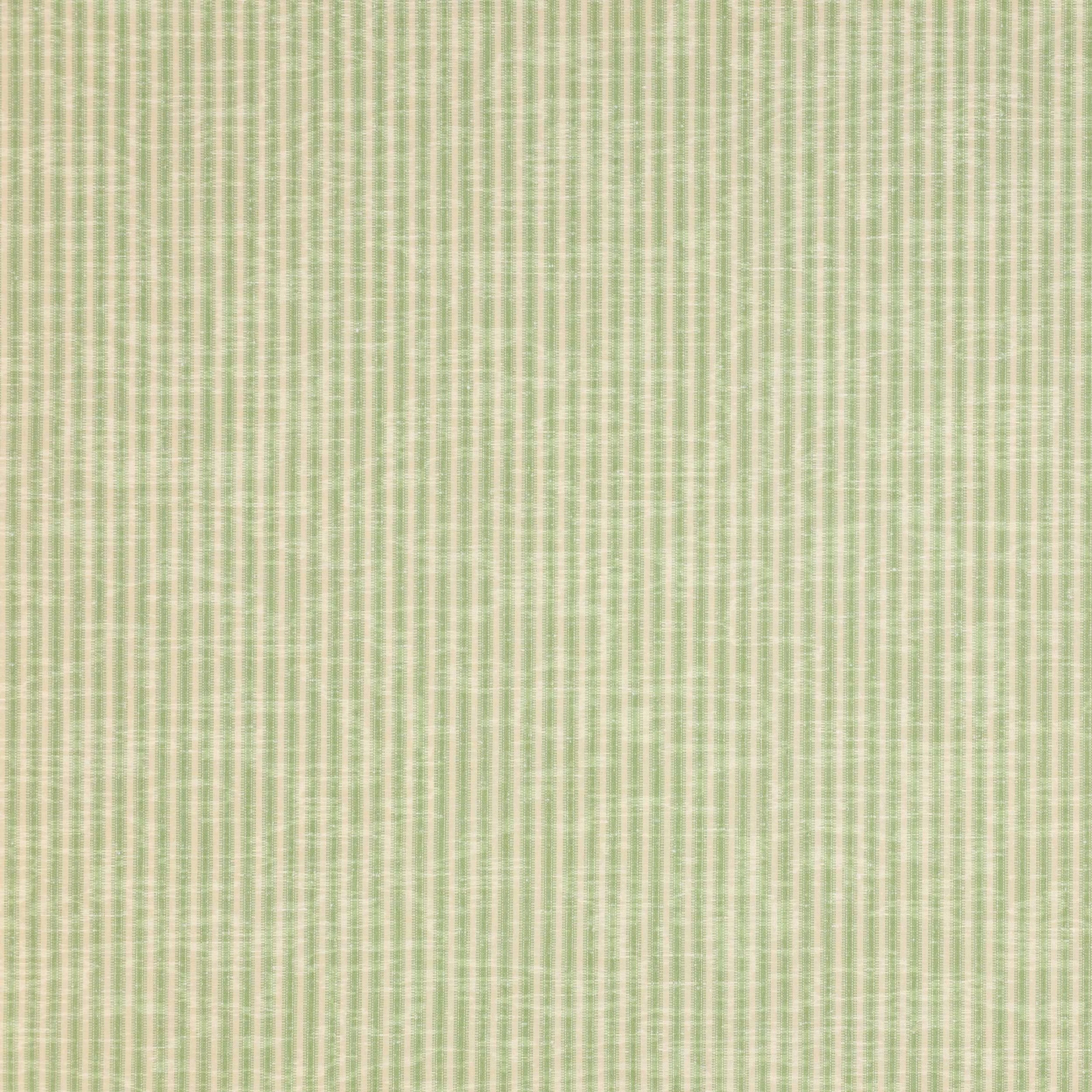 Pale leaf green pinstripe fabric with a creamy ground and fine woven texture