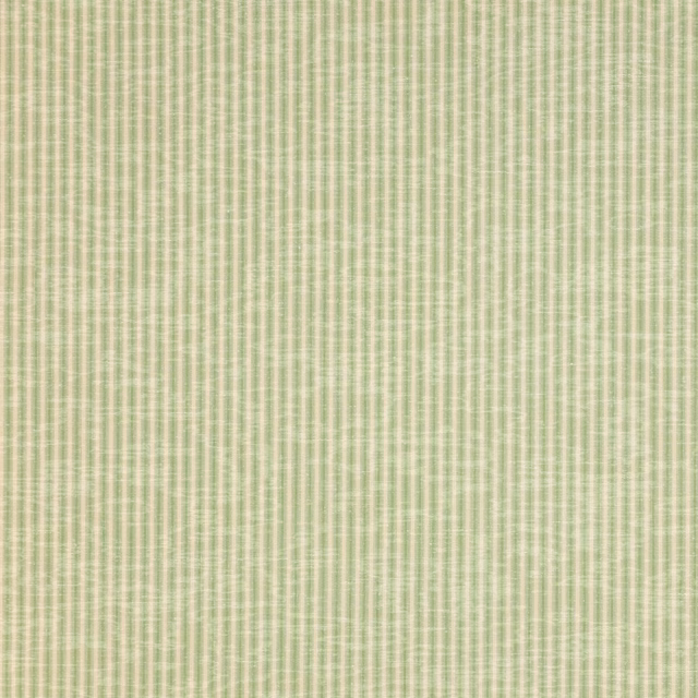 Pale leaf green pinstripe fabric with a creamy ground and fine woven texture