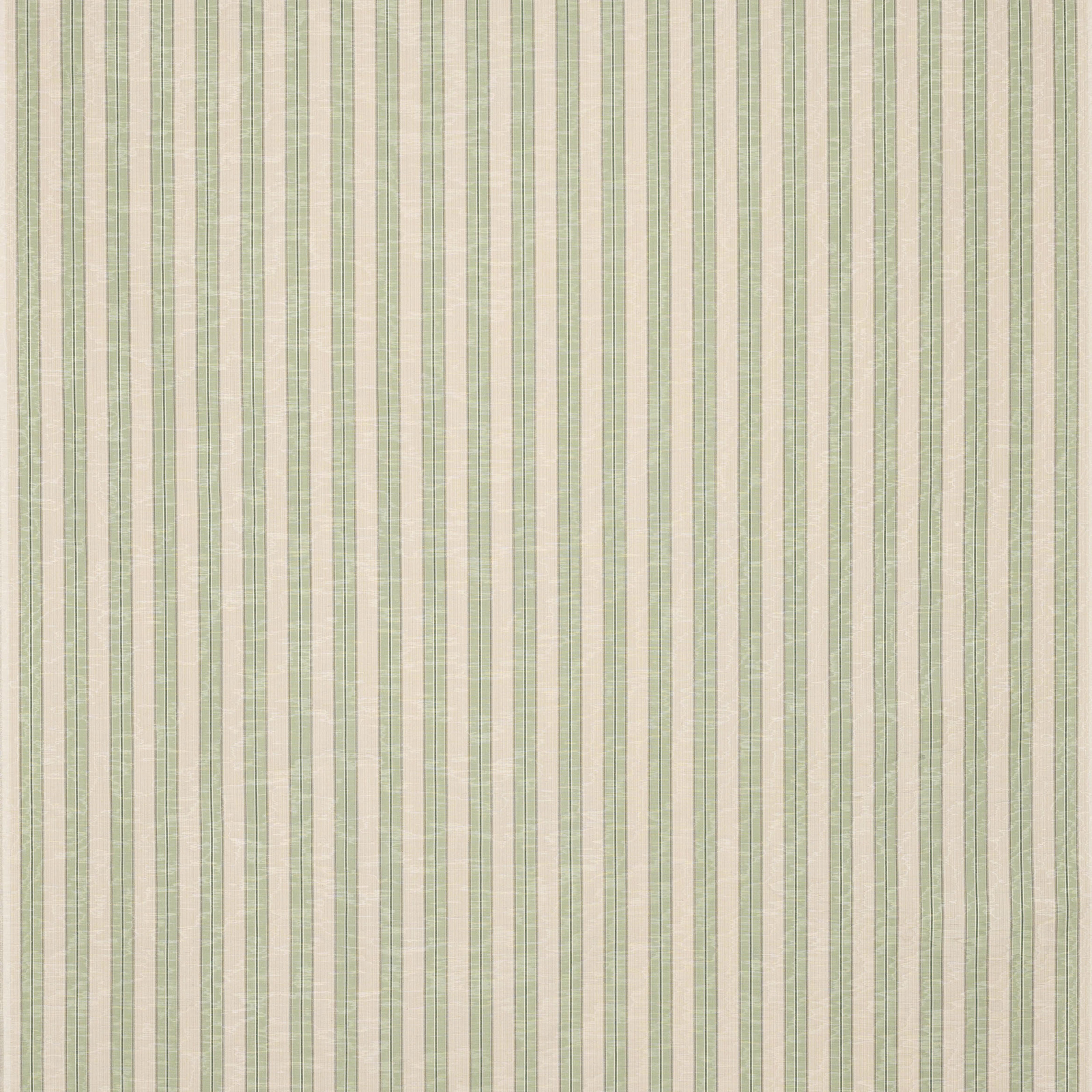 Pale ivory fabric with narrow soft sage vertical stripes and fine woven texture