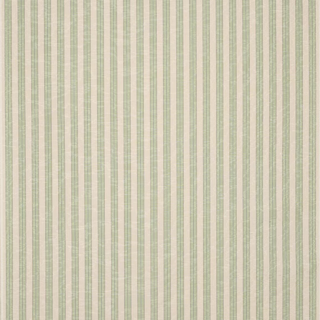 Pale ivory fabric with narrow soft sage vertical stripes and fine woven texture