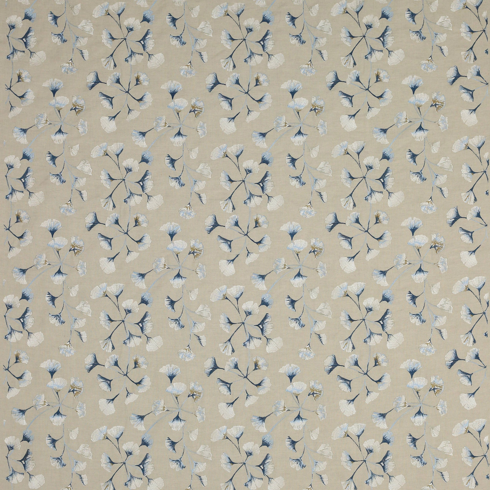 Taupe fabric with small blue and ivory ginkgo leaf motif