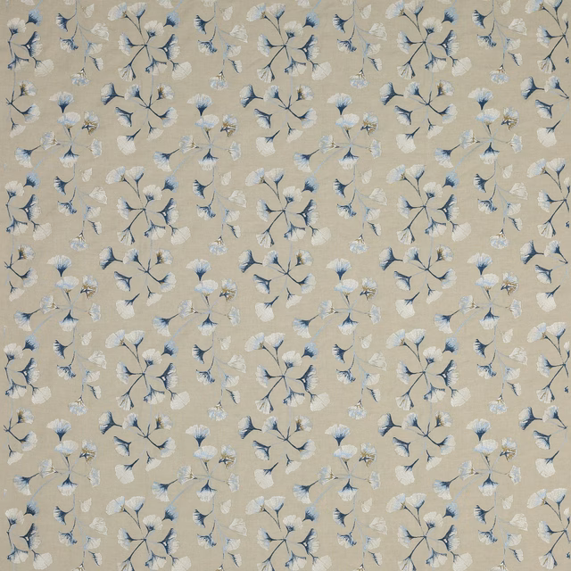 Taupe fabric with small blue and ivory ginkgo leaf motif