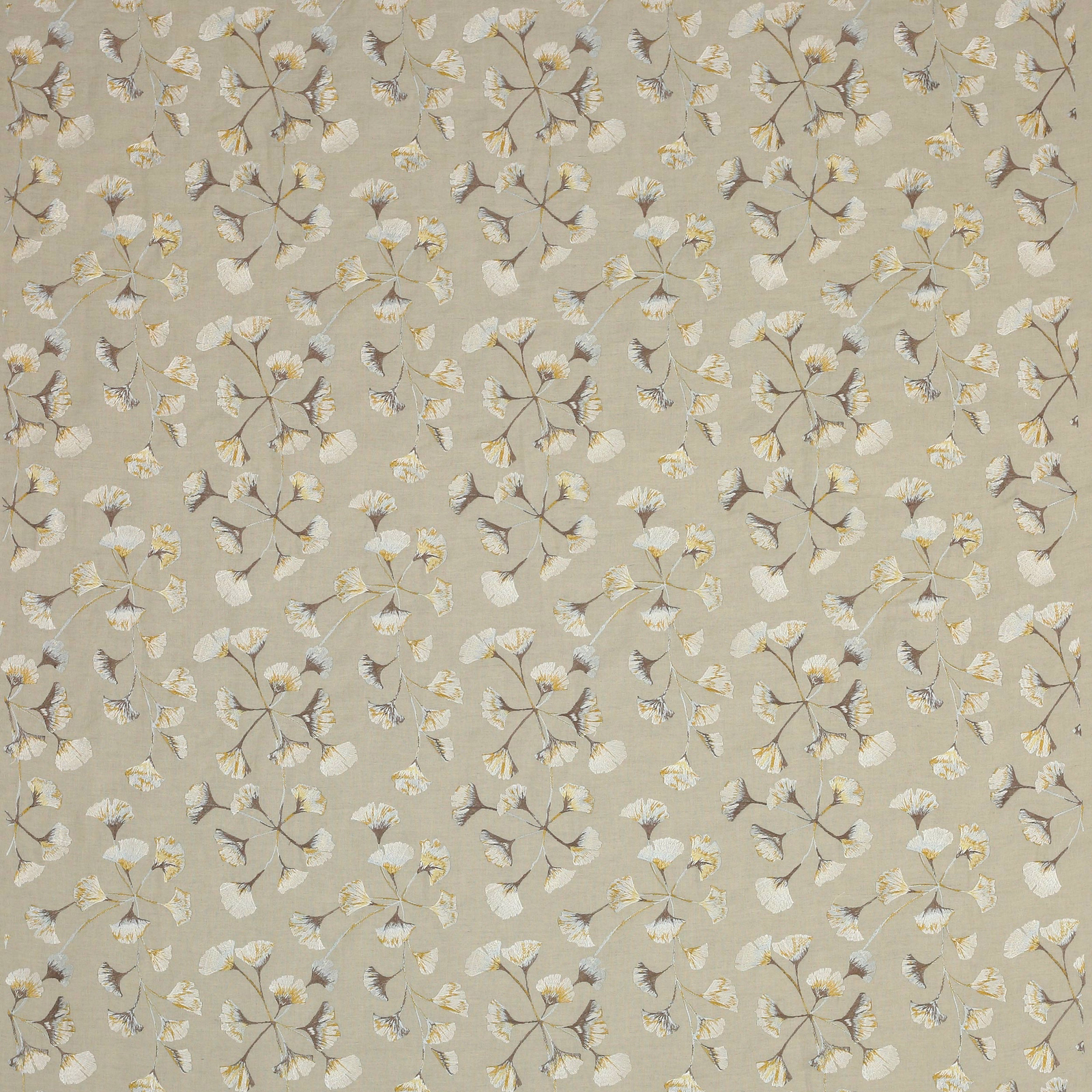 Soft gold ginkgo leaf fabric with ivory and taupe floral motifs