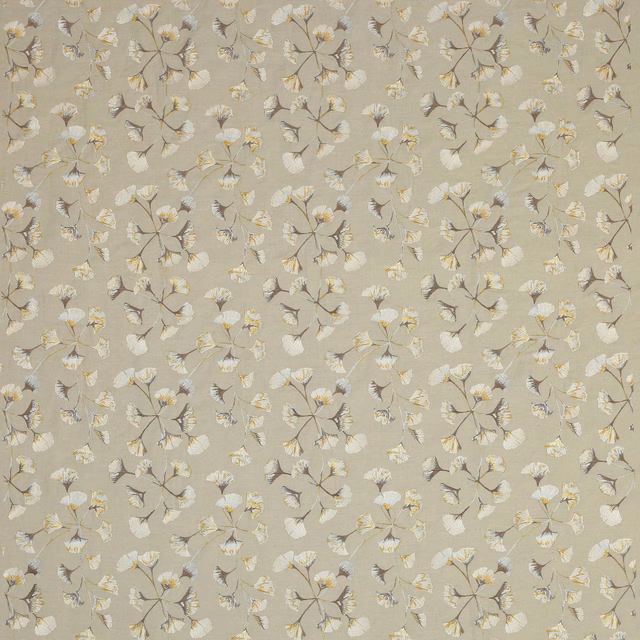 Soft gold ginkgo leaf fabric with ivory and taupe floral motifs