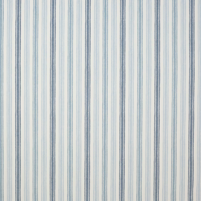 Cream ground fabric with narrow vertical blue and grey-blue stripes