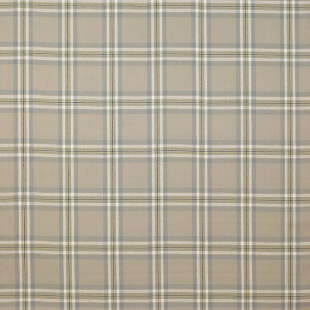Pale linen check fabric with soft aqua and leaf-green stripes