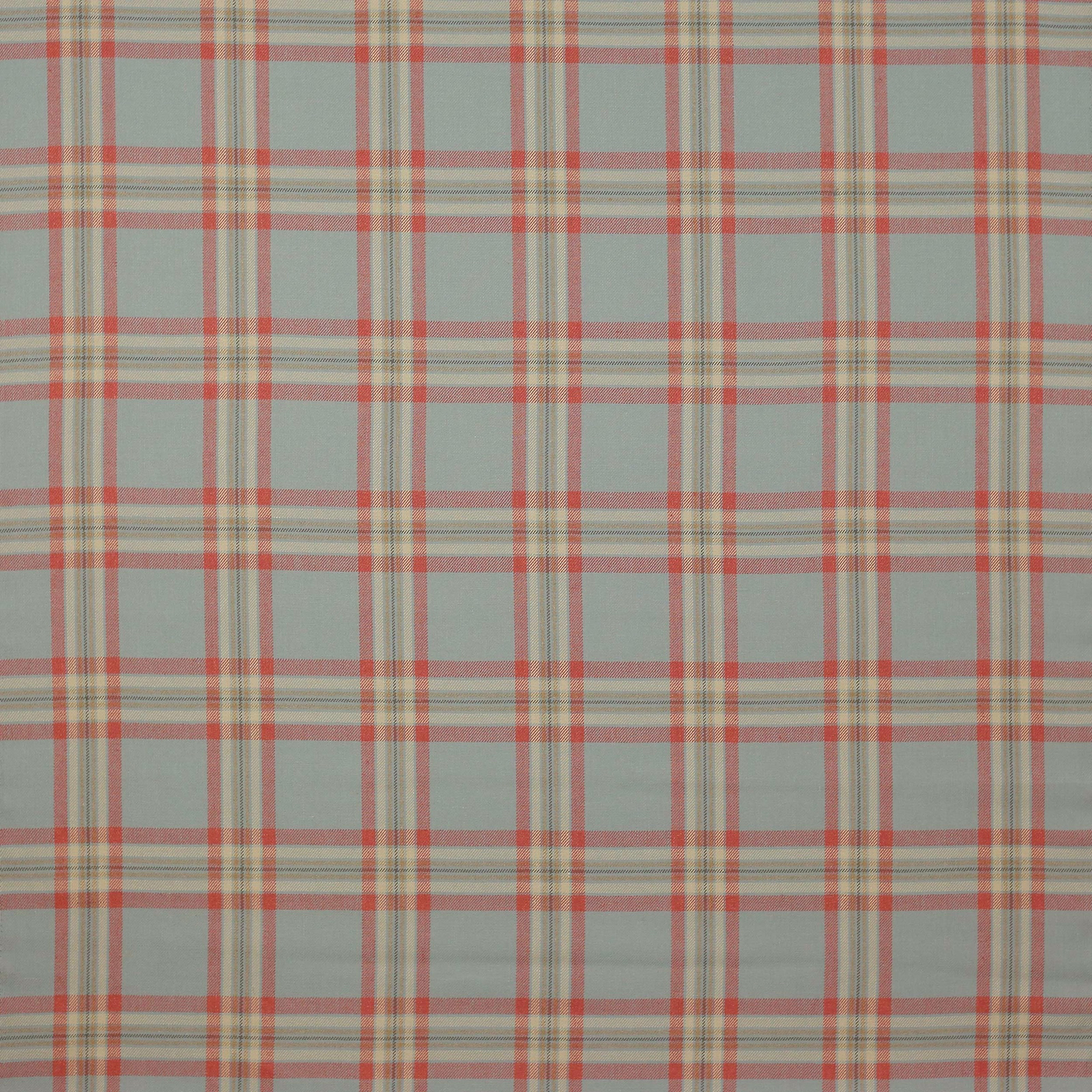 Pale aqua linen check fabric with tomato-red and beige-grey stripes