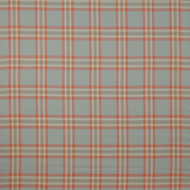 Pale aqua linen check fabric with tomato-red and beige-grey stripes