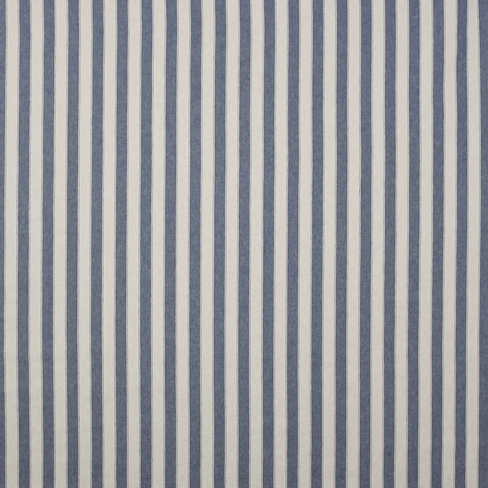 Vertical navy and cream striped linen fabric with a fine natural texture