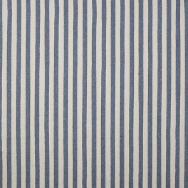 Vertical navy and cream striped linen fabric with a fine natural texture