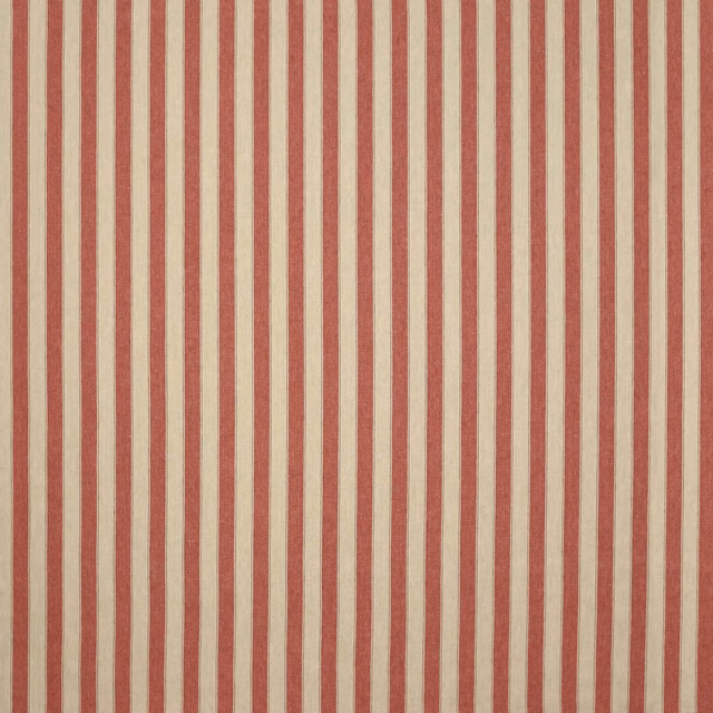 Vertical red and ivory linen stripe with fine woven texture