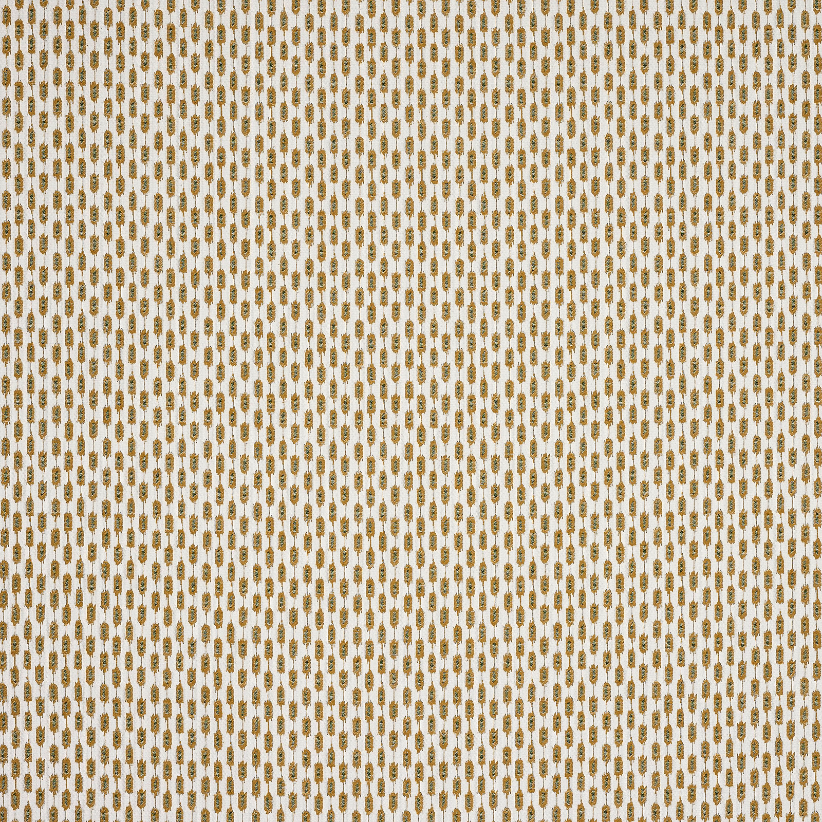 Ochre geometric woven fabric with tiny vertical motifs on a pale ground