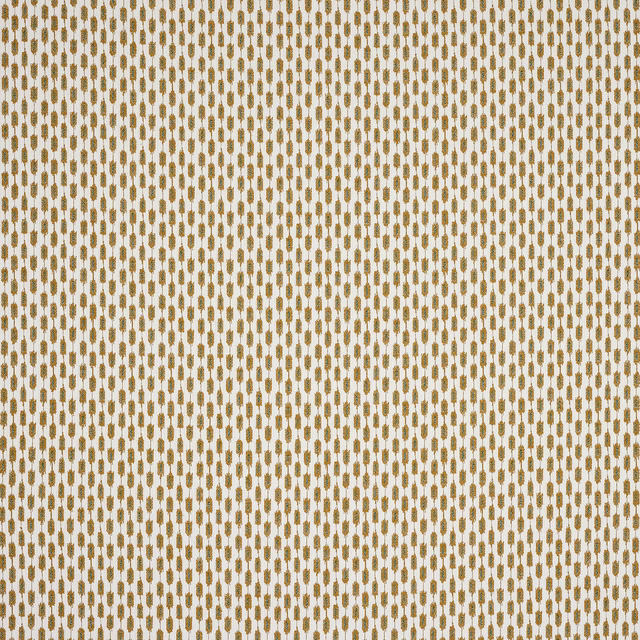 Ochre geometric woven fabric with tiny vertical motifs on a pale ground