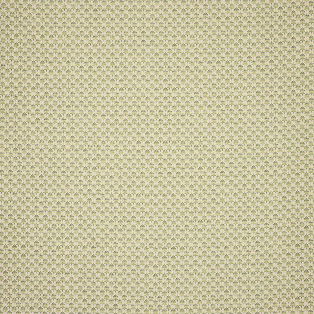 Small olive green repeating motif on a pale cream woven fabric swatch