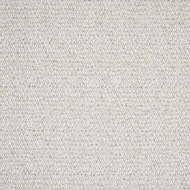 Pale woven geometric fabric with gold and teal diamond detail on an ivory ground