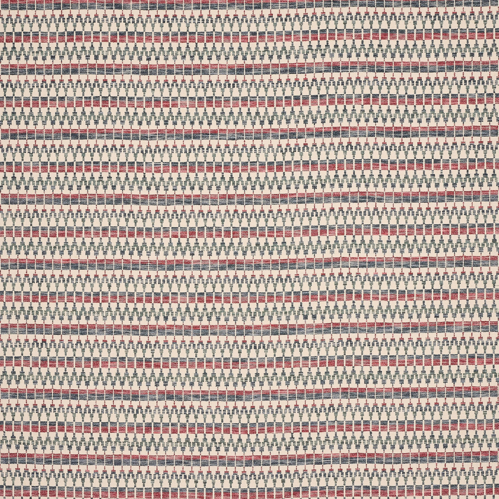 Small geometric woven fabric with brick red stripes and navy details on a pale ground