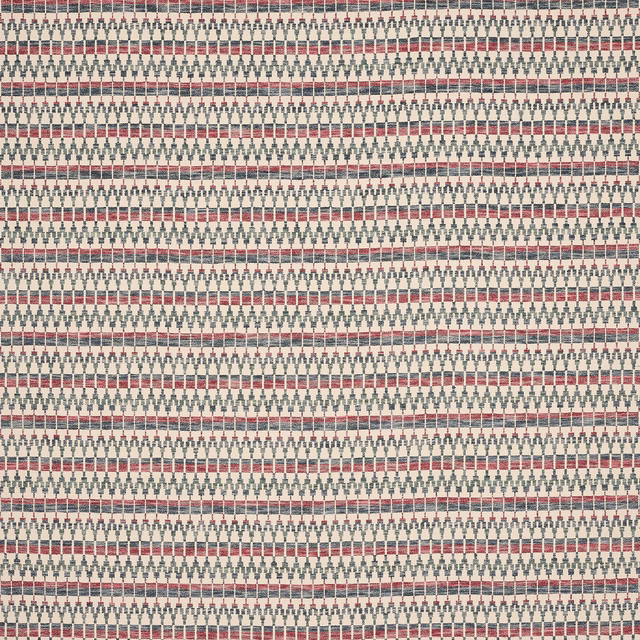 Small geometric woven fabric with brick red stripes and navy details on a pale ground