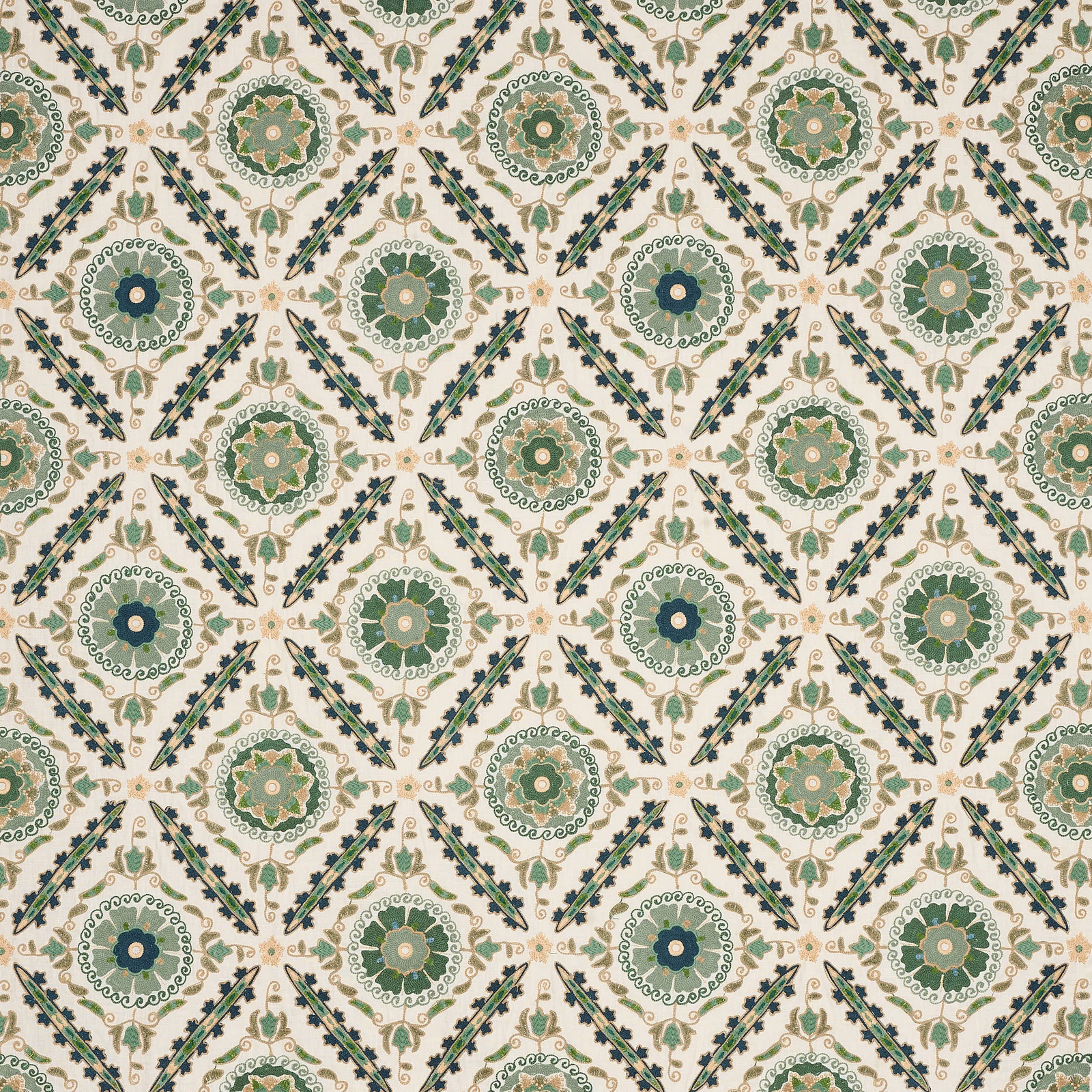 Green and cream geometric floral fabric with repeating medallions and diagonal sprigs