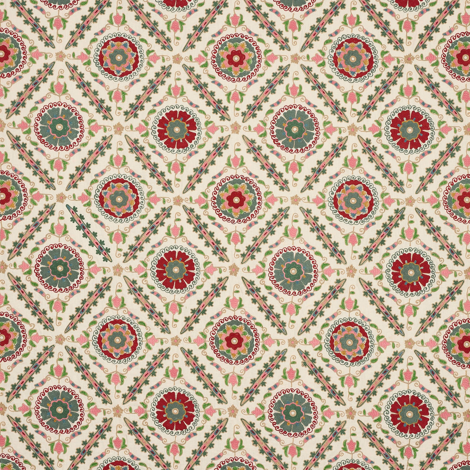 Cream ground fabric with red and green floral medallions and vine diamonds