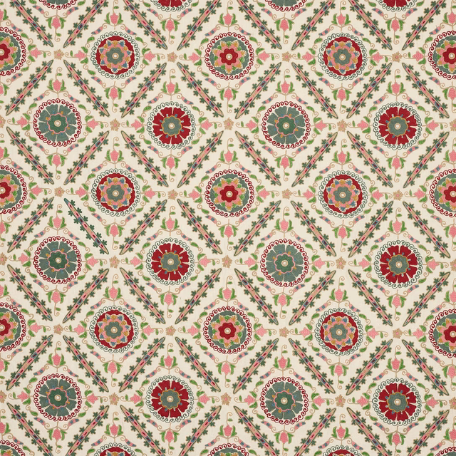 Cream ground fabric with red and green floral medallions and vine diamonds