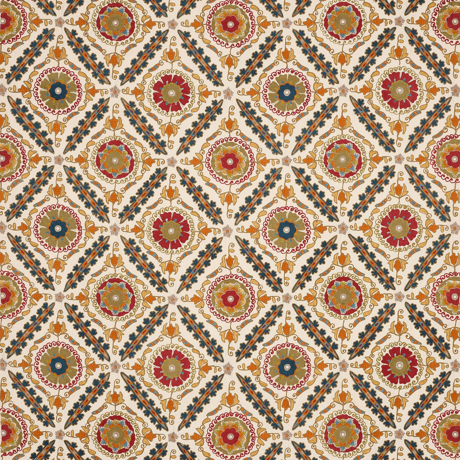 Decorative woven fabric with red, sienna, blue and gold medallions on an ivory ground