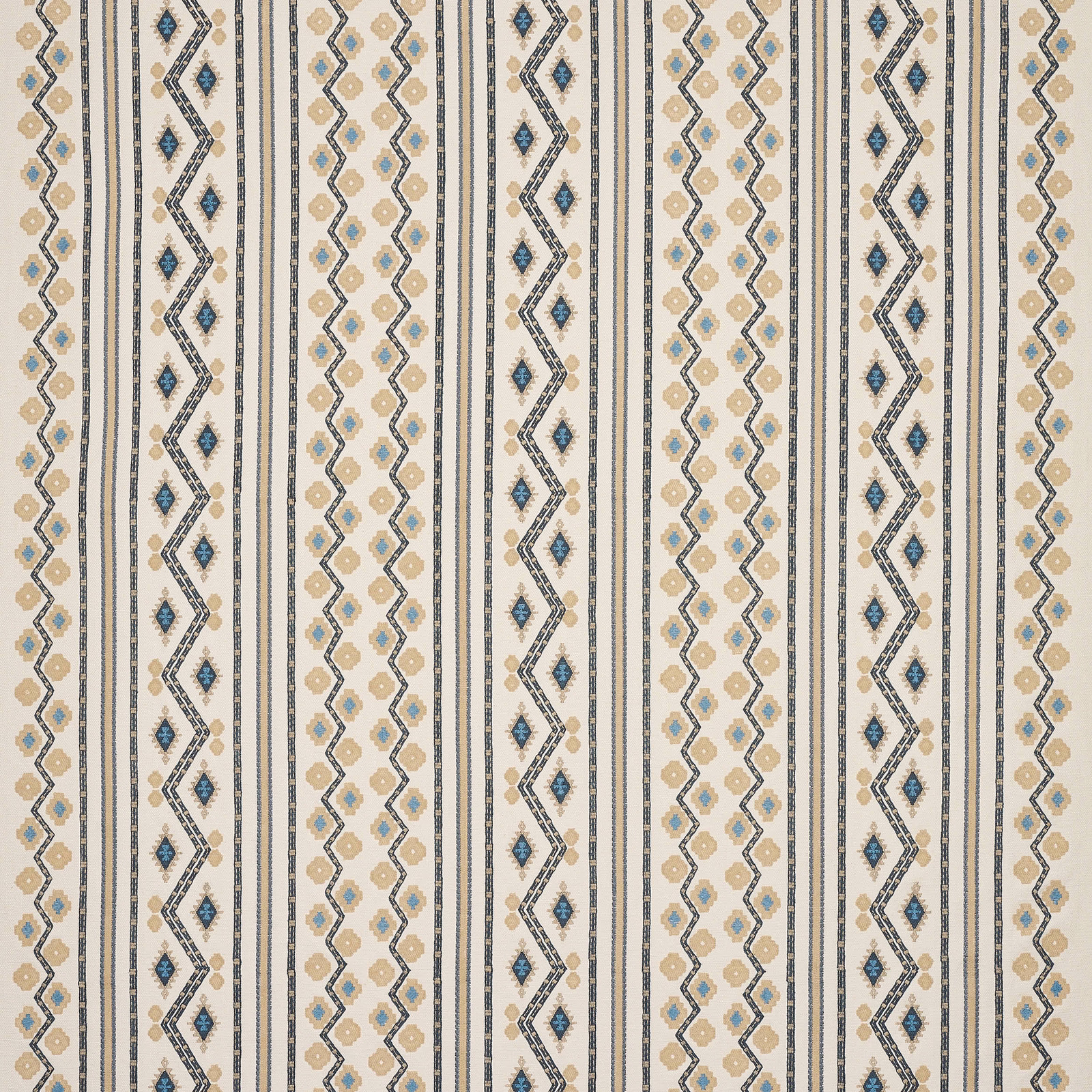 Vertical striped fabric with cream ground, powder blue motifs and fine dark outlines