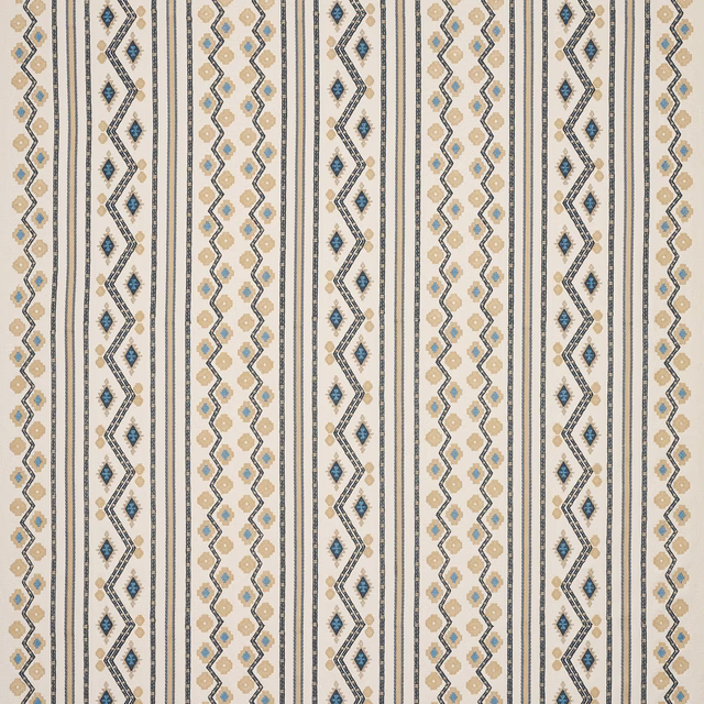 Vertical striped fabric with cream ground, powder blue motifs and fine dark outlines