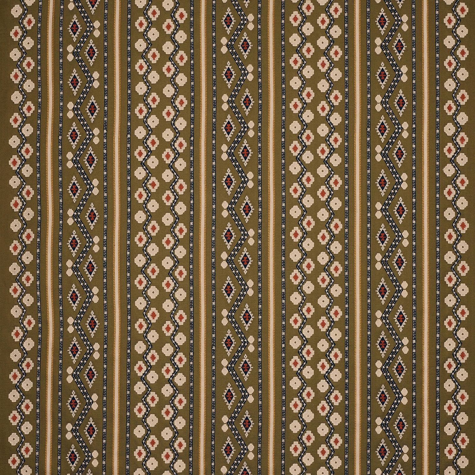 Olive green striped fabric swatch with cream floral and zigzag motifs