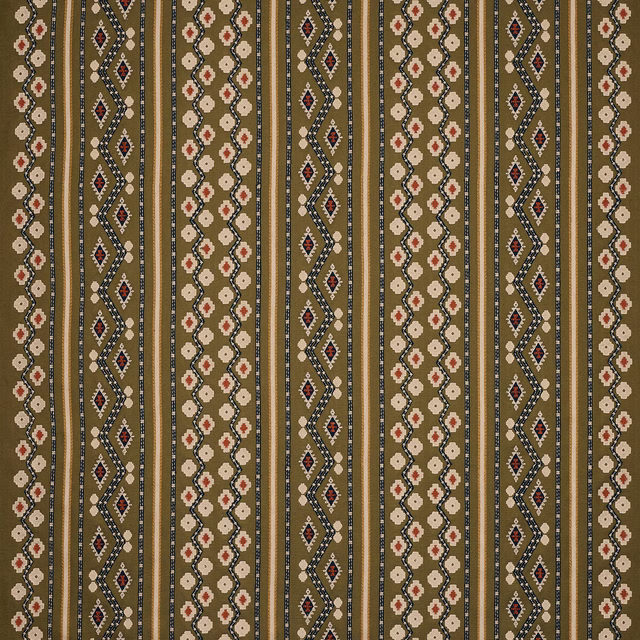 Olive green striped fabric swatch with cream floral and zigzag motifs