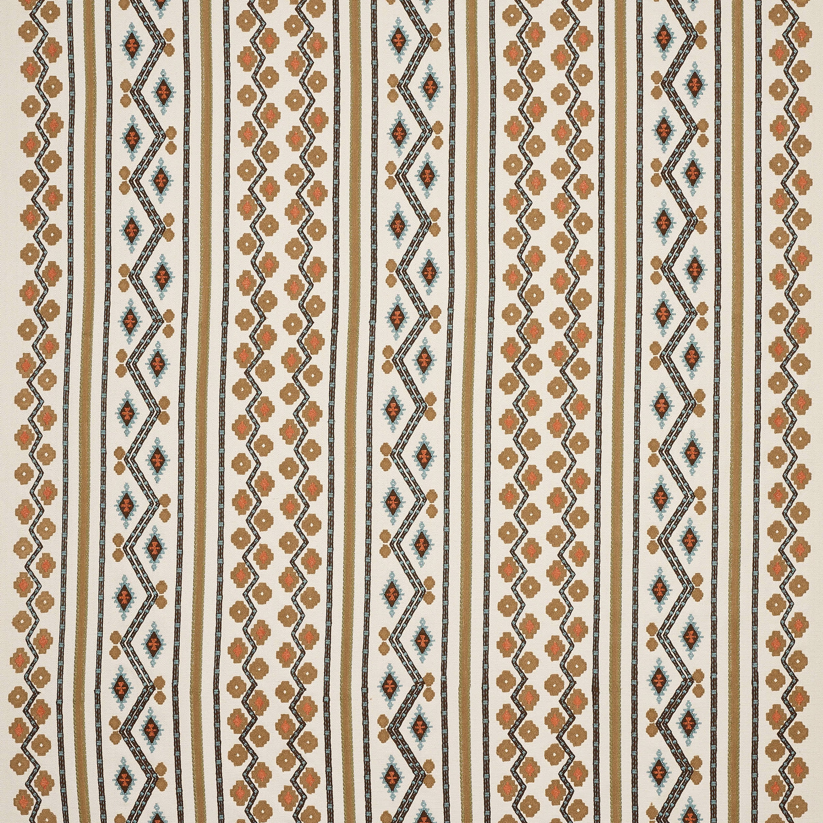 Vertical striped fabric in warm sienna, cream and muted black geometric motifs