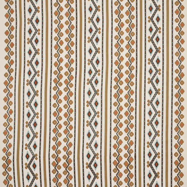 Vertical striped fabric in warm sienna, cream and muted black geometric motifs