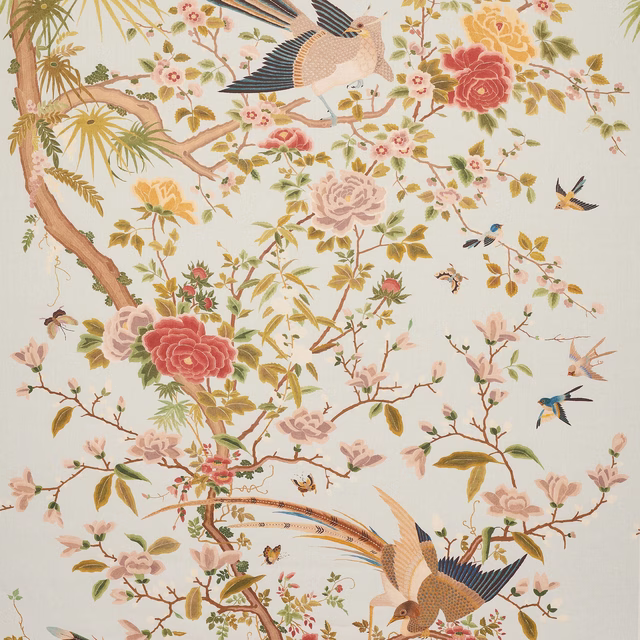 Large-scale floral and bird print on soft ivory linen with blush, aqua and gold details