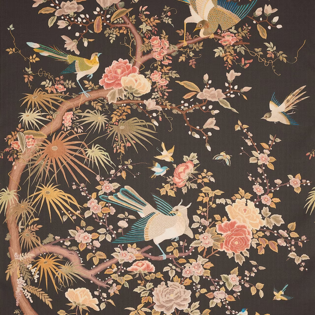 Decorative bird-and-blossom fabric on a deep black linen ground