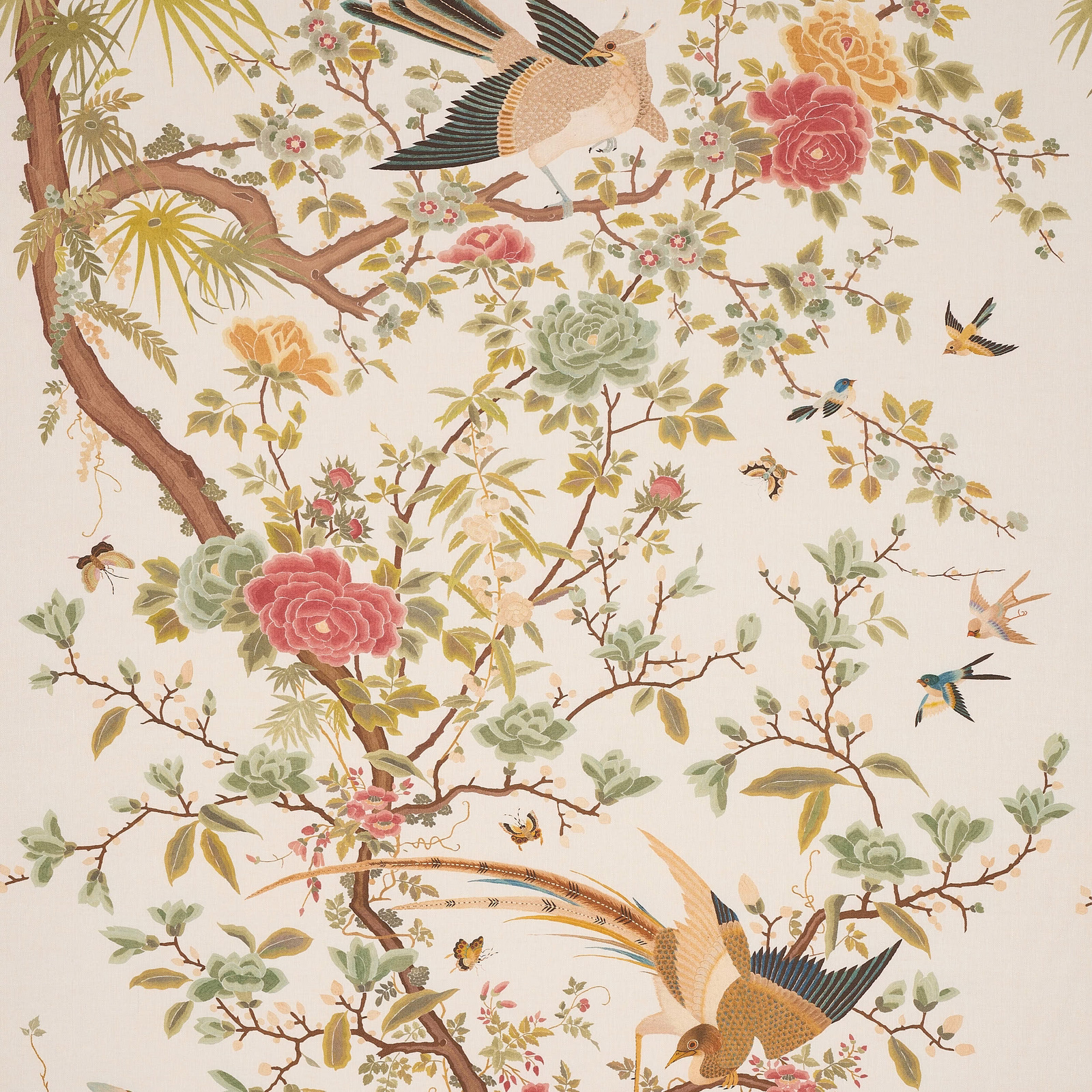 Scenic linen fabric with pink blossoms, sage leaves and birds on a cream ground