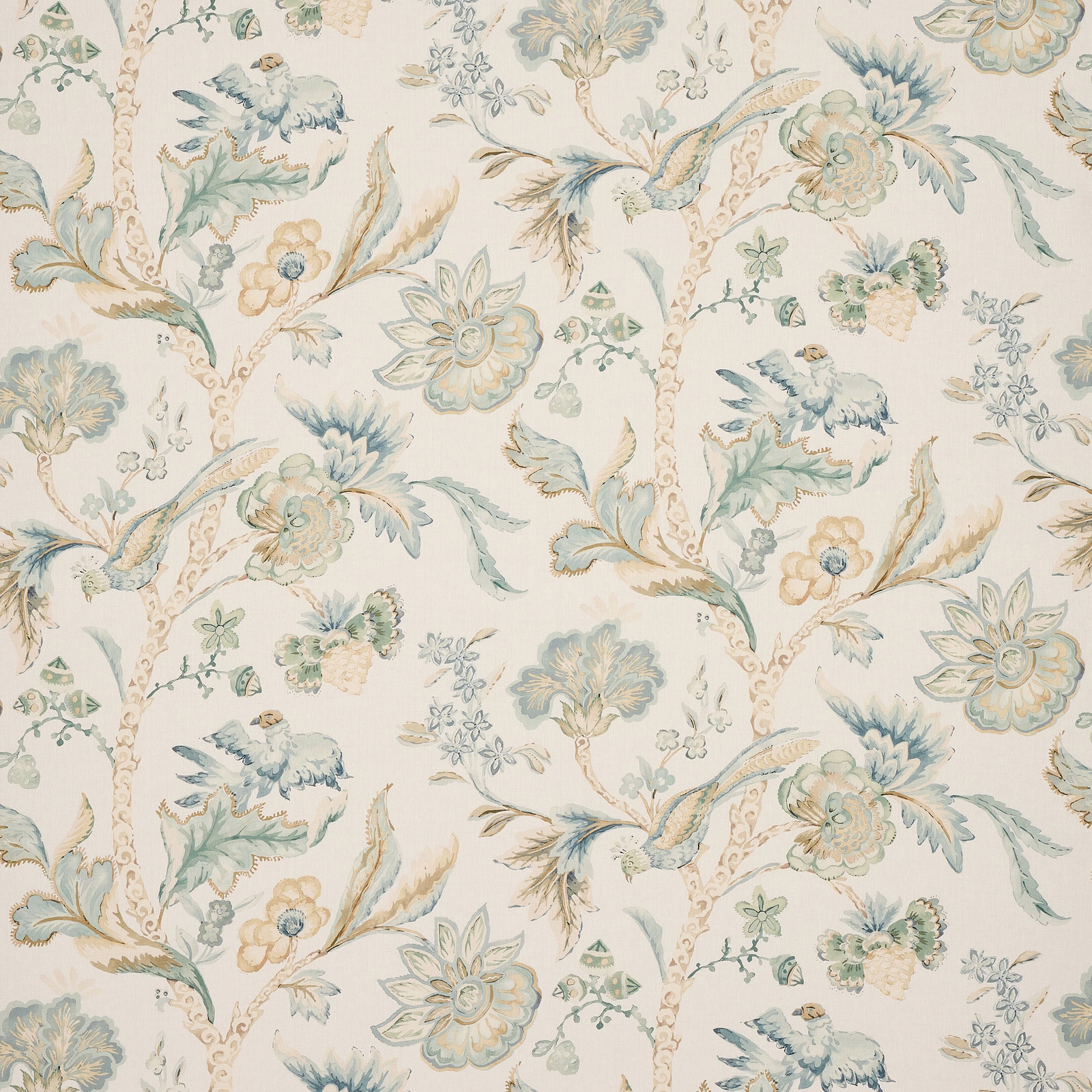 Pale aqua and beige floral linen print with scrolling branches and birds