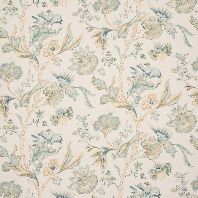 Pale aqua and beige floral linen print with scrolling branches and birds