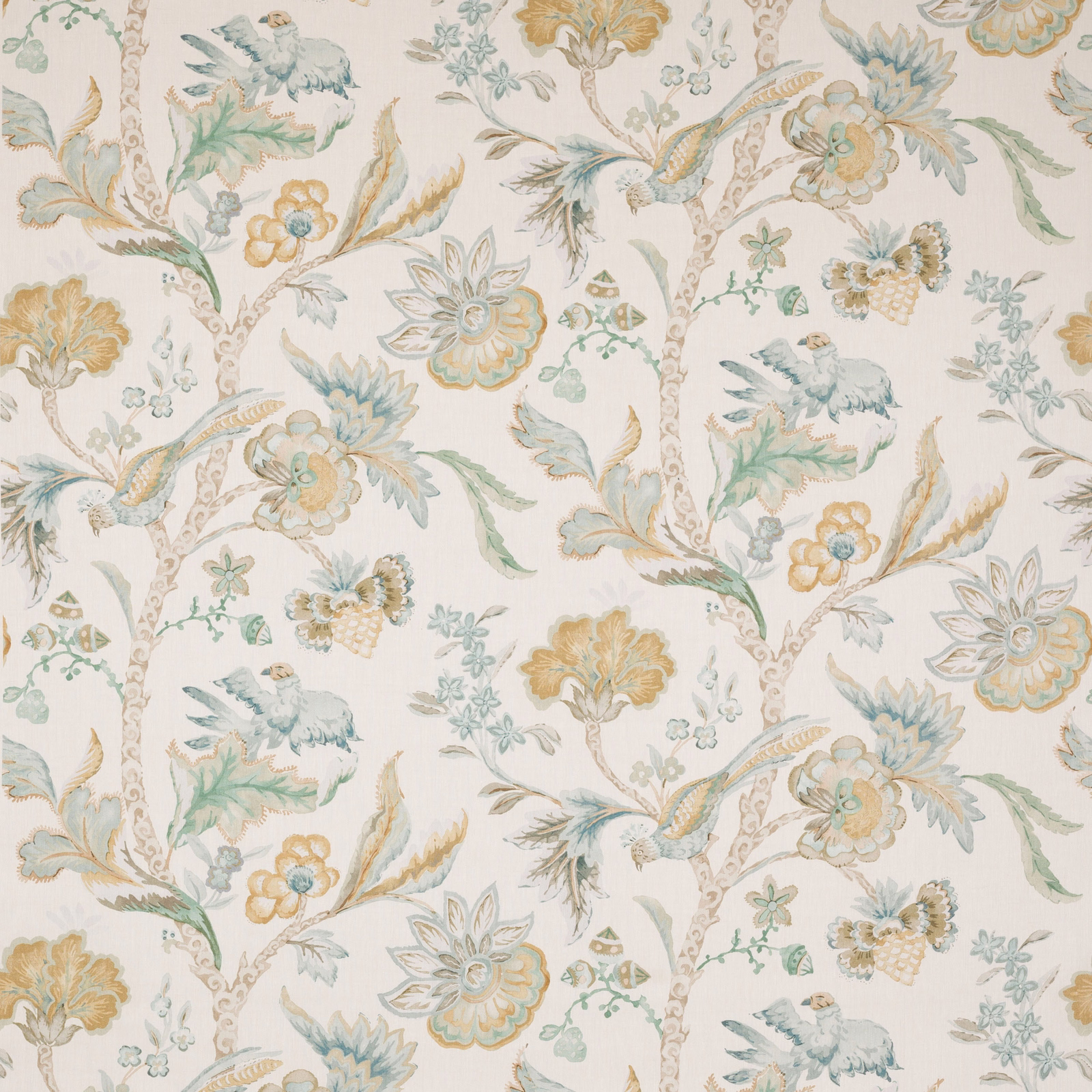 Large floral linen fabric with pale blue, mint and ochre tree pattern on ivory ground