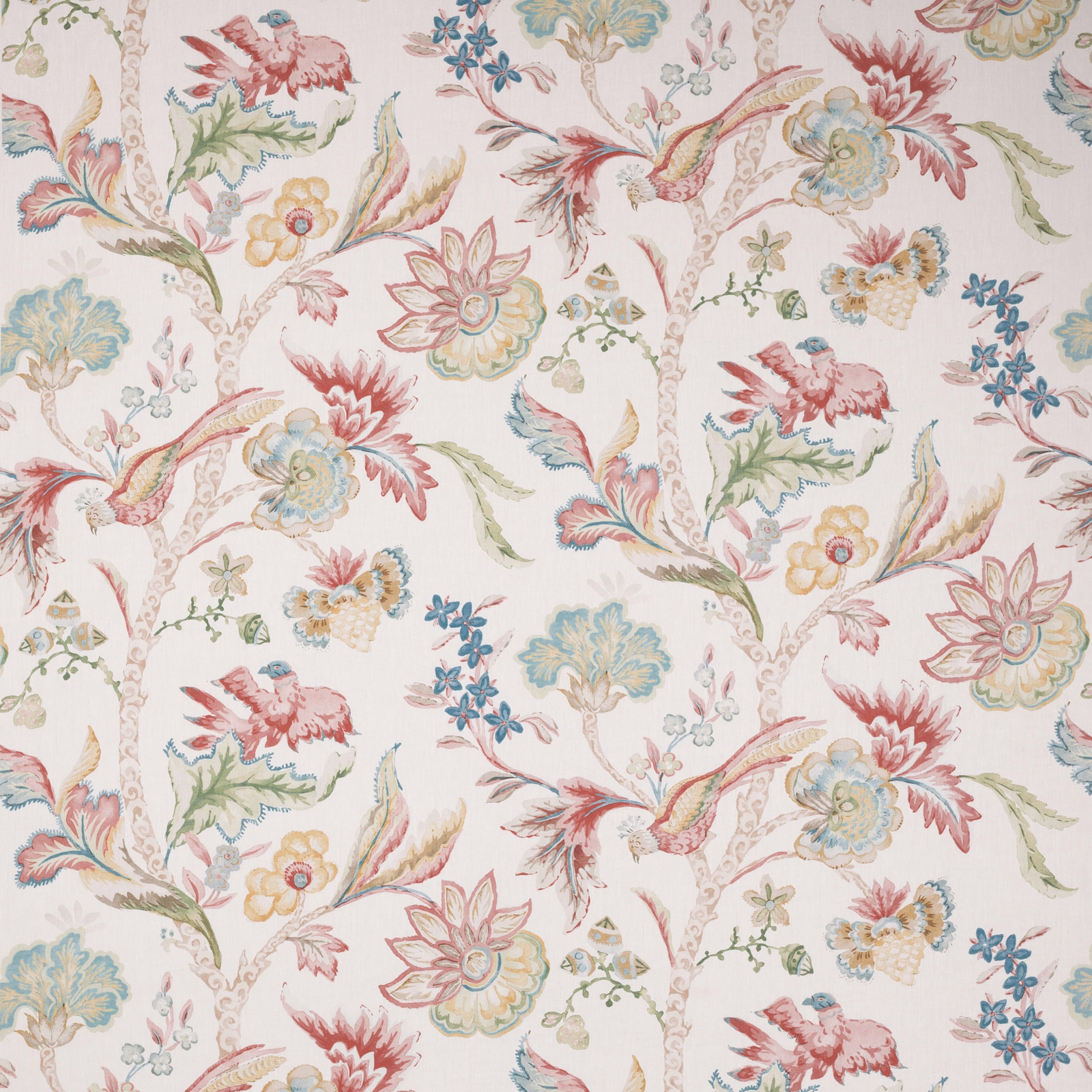 Large floral and bird linen print in soft pink, green, blue and yellow on ivory