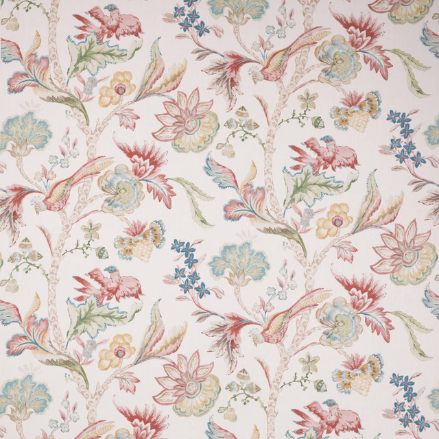 Large floral and bird linen print in soft pink, green, blue and yellow on ivory