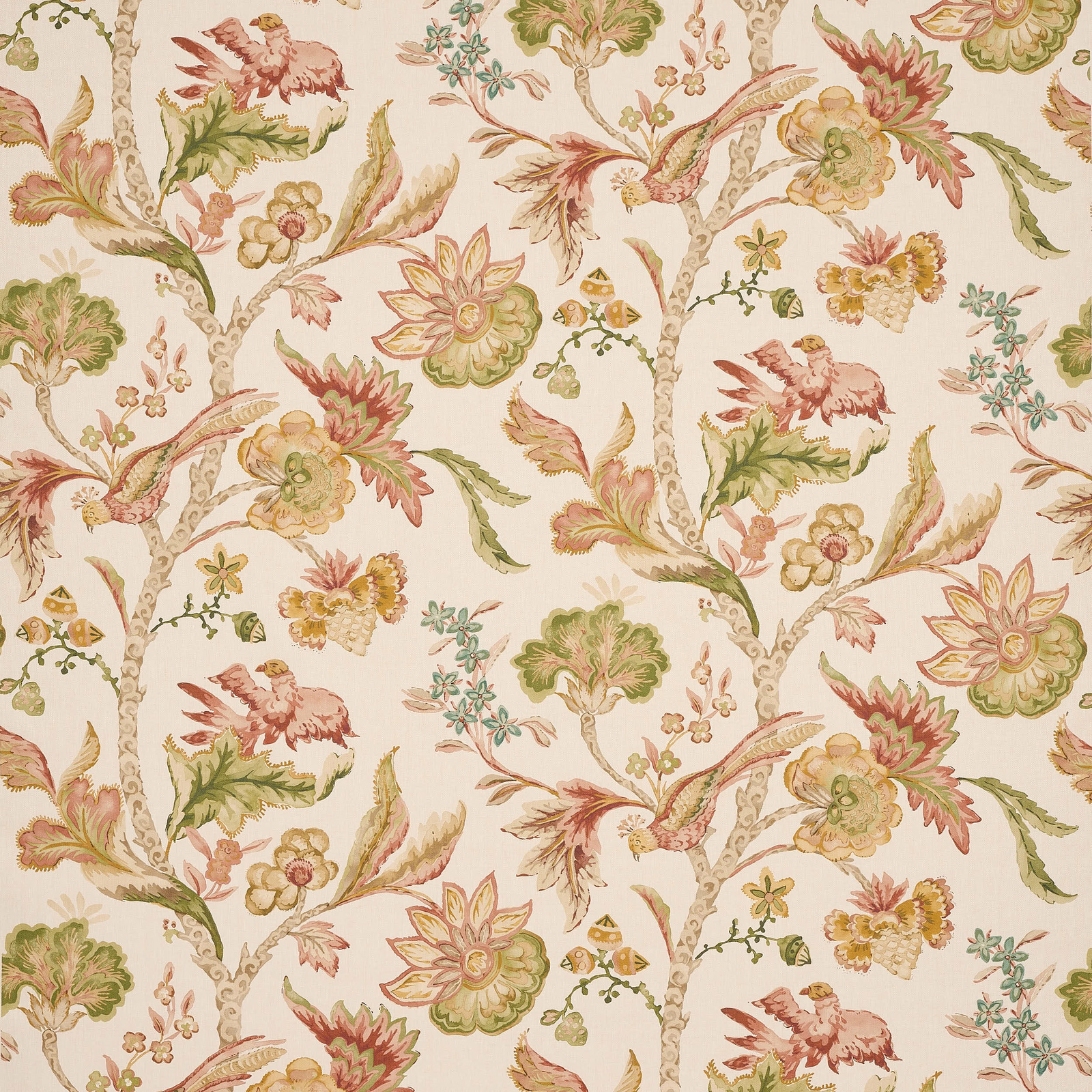 Painterly botanical linen fabric with tomato-red flowers, olive leaves and cream ground