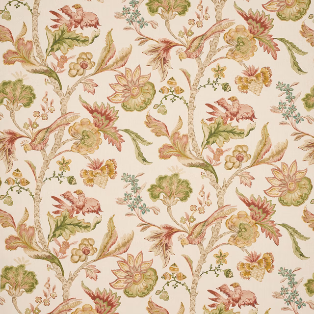 Painterly botanical linen fabric with tomato-red flowers, olive leaves and cream ground