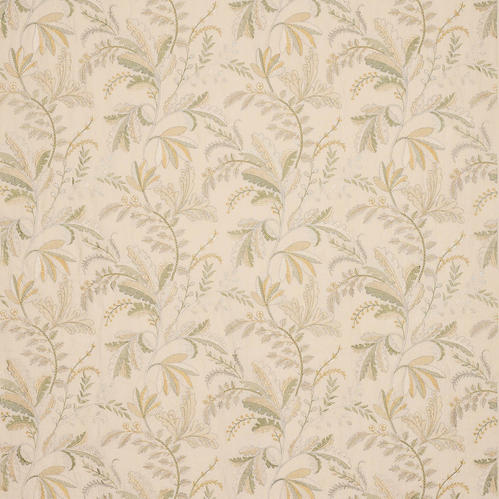 Creamy beige floral fabric with sage and pale gold leaf motifs