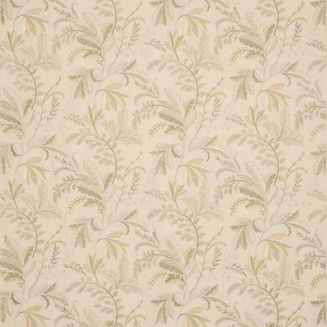 Creamy beige floral fabric with sage and pale gold leaf motifs