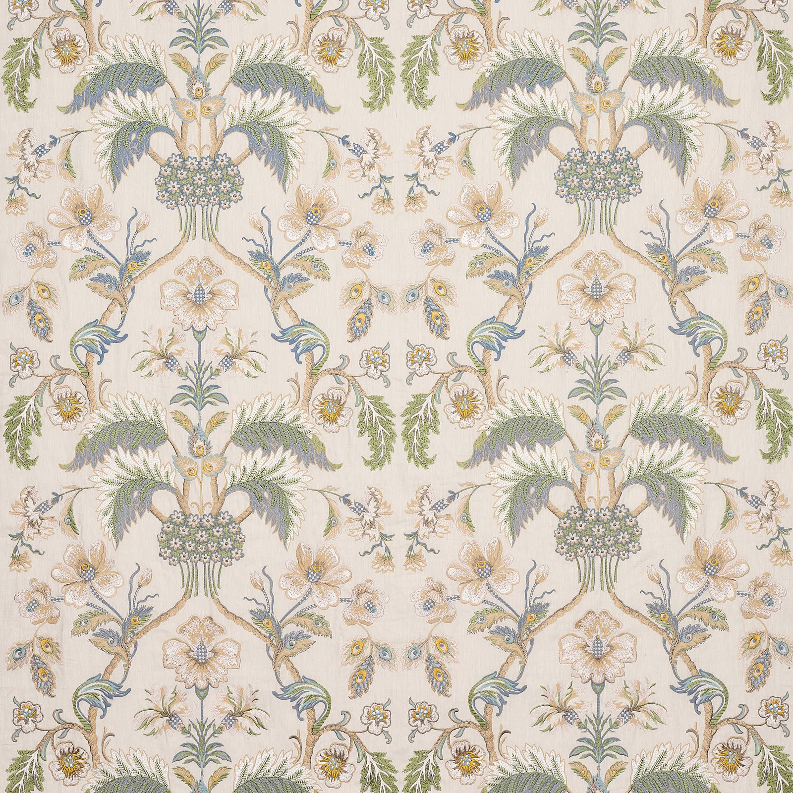 Cream floral fabric with pastel blue and sage botanical motifs